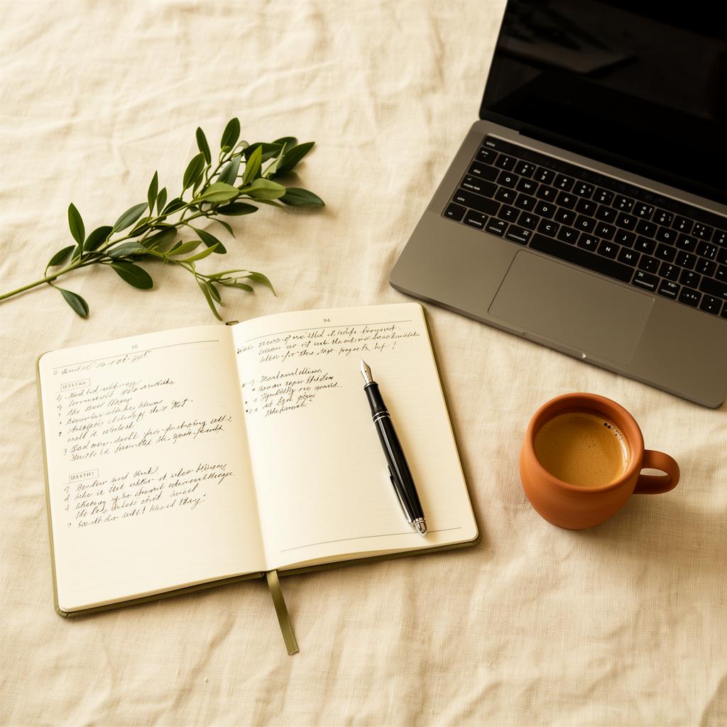 Organized strategic workspace with notebook, pen, laptop, and terracotta cup